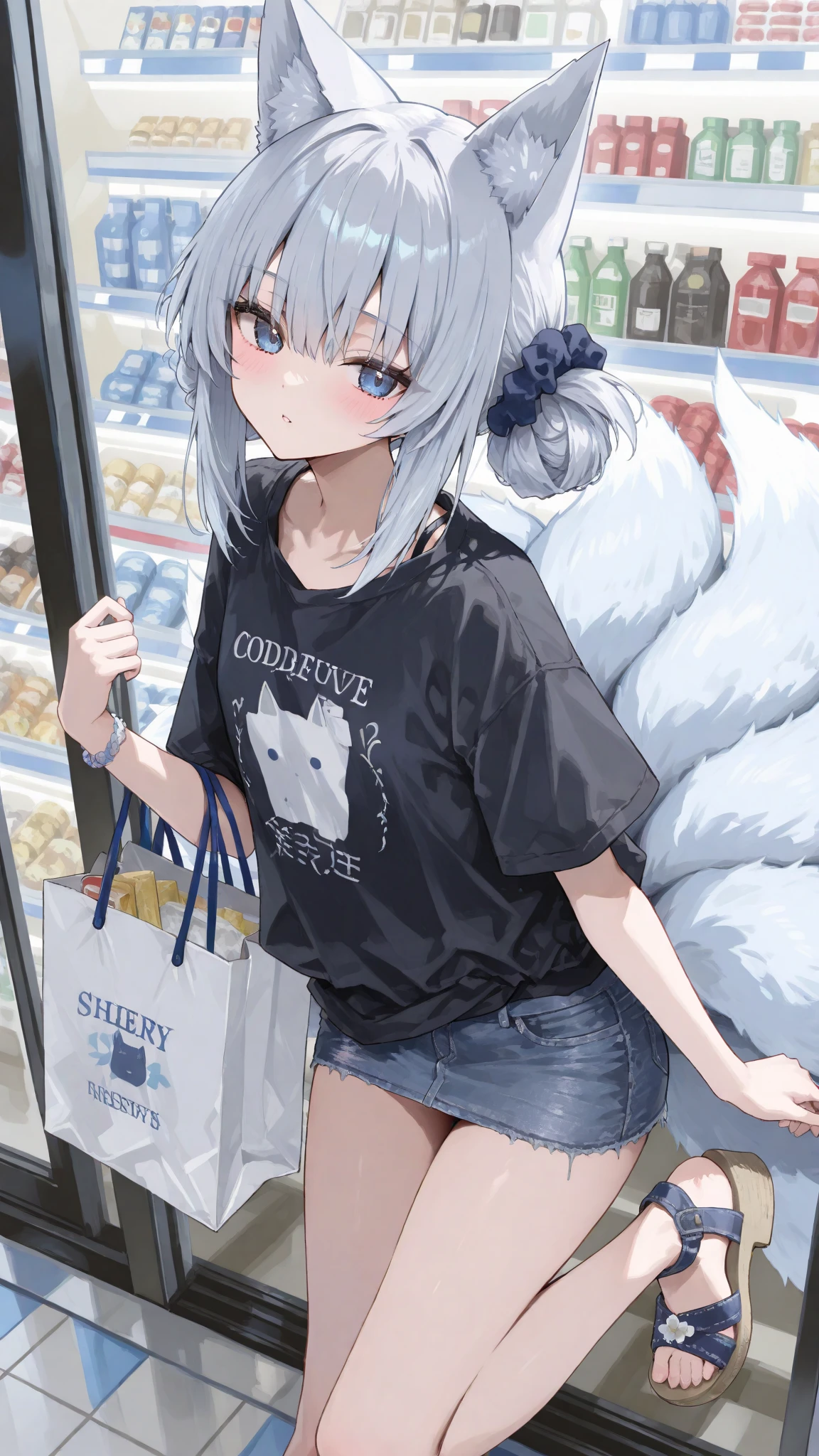 NSFW,masterpiece,Highest quality,High resolution,Super detailed,Shirakami Fubuki\(Hololive\),Gray Hair、One-sided braid、Ahoge、Earrings,Fox ears,Fox tail,Crop top shirt,Sleeveless,Food,Low-rise denim shorts,High leg,Embarrassed,blush,Expecting face,Bewitching Smile,Sexy smile,(Adult Shop),(Underwear section),(Naughty shop),Cute pose,Date,(Seduce)