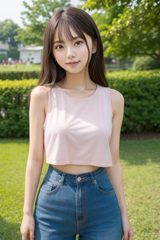 one girl, (a beauty girl, delicate girl:1.3), (16 years old, gal:1.3), (pink dress, denim shorts:1.2), very fine eye definition, (symmetrical eyes:1.3), stare at the camera, A big smile, show teeth, (street view:1.2), small breasts, brown hair, girl, (eyes and faces with detailed:1.0), (masterpiece, best quality, ultra detailed, detailed face, 8k), cowboy shot from bottom, spread legs on the street