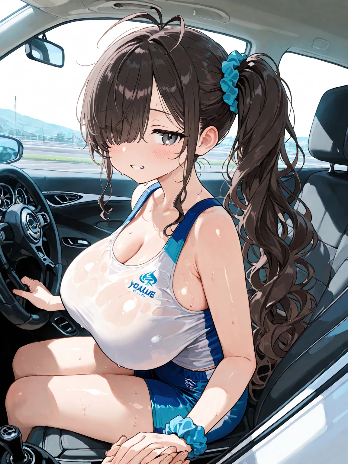 (8K、4K、highest quality、High resolution: 1.2)、brown long hair、white calvin klein underwear、white calvin klein thong、big breasts、High leg、Sit in the cockpit、MS cockpit、back、emphasize the buttocks