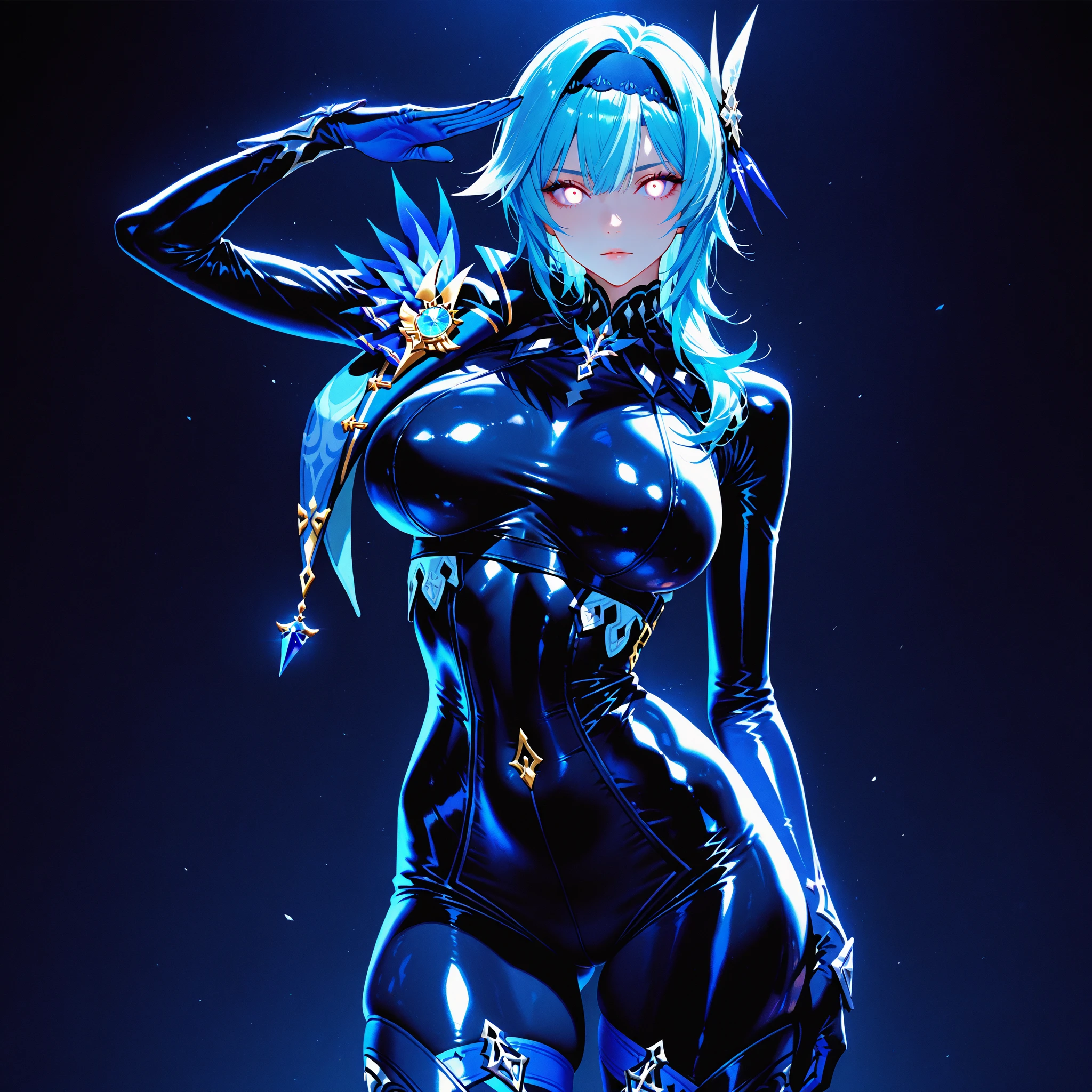 blue eyes, cross-shaped pupils, White short hair, Big breasts, black gloves, black and blue latex bodysuit, expressionless, long scarf, Big red scar in the right eye, blue Lips, mechanical black right arm