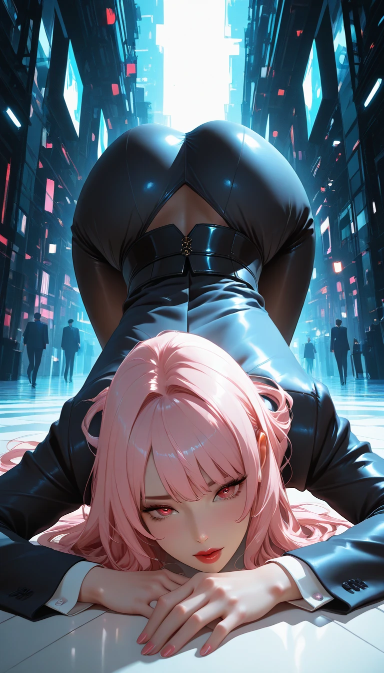 A woman looks like Marin Kitagawa from Sono Bisque Doll wa Koi wo Suru, dominant leather suit, blond hair with pink tips