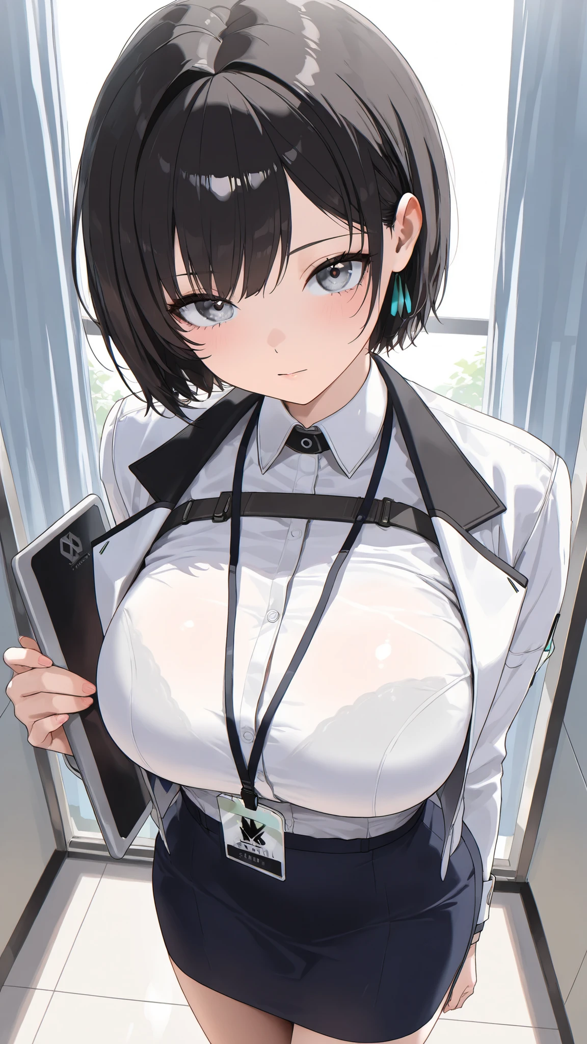 Big breasts nurse with short black hair in a white coat