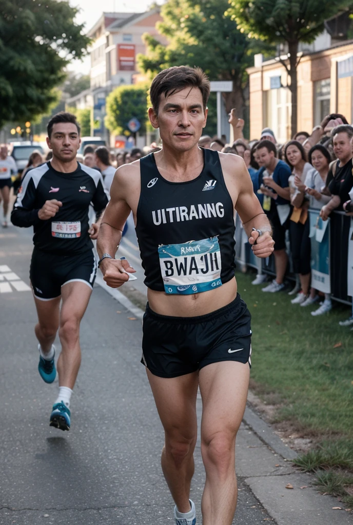 Ultra-realistic three-dimensional 3D image of a runner arriving at the finish line with a defined body with muscular Greek physiognomy and haughty eyes with other runners giving up on running tired 