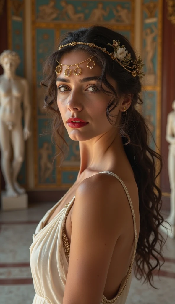 Hestia - Goddess of the hearth, home, and family. ,(perfect hands:1.4),(perfect faces:1.4),  <lora:Cosine_freck:.9> <lora:EleonoraV2:0.2>, <lora:MJ52:0.5> <lora:add-detail-xl:1>, low key photography, dramatic lighting, deep shadows, rich contrast, moody atmosphere, intense emotions, cinematic feel, mysterious ambiance, emphasizing shape and form, creating depth, evoking drama, storytelling through shadows, professional technique, fashion editorial photography, high-fashion imagery, avant-garde aesthetics, editorial storytelling, conveying fashion trends and concepts, artistic interpretation, expert styling, professional lighting, capturing fashion-forward visuals, creating visual impact, evoking emotion, pushing creative boundaries