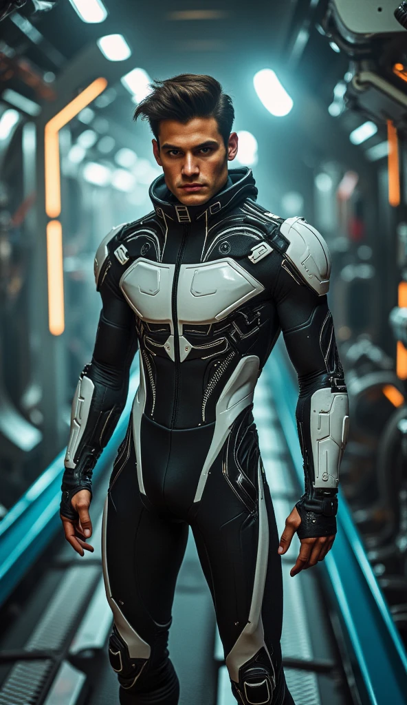 Masterpiece, denoise, void noise, one man, best quality, 8k resolution, male focus, focus only, amazing composition, volumetric lighting, super quality, elegant, Very detailed, front view, facing viewer, -----------, 35 years old, mature face, muscular, Caucasian, (((white skin, pale skin))), handsome, (detailed light-blue eyes), ((light blonde hair, messy medium hairstyle)), big ears, , (medium long beard), (((((Jim Sturgess mixed with Russell Tovey))))), , ------------, ((((detailed hard padded cybersuit)))), 