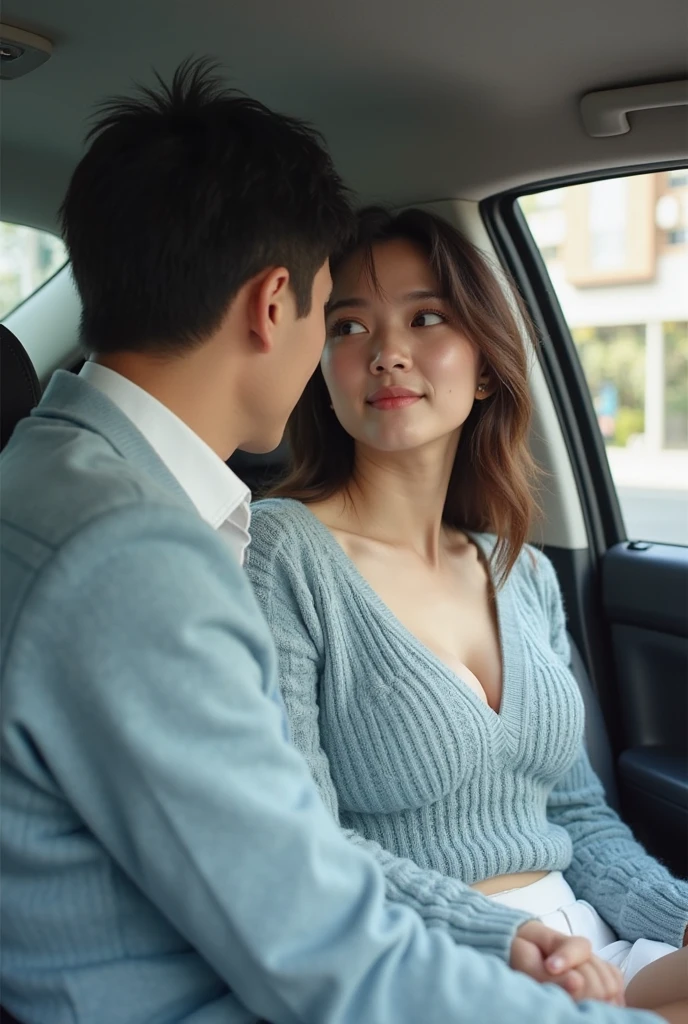Draw a picture of a handsome Indonesian young man aged 25, clean face, short hair neatly combed, wearing a plain red collared t-shirt, jeans, sitting in a sedan, next to him is a beautiful Indonesian woman, yellowish brown hair, wearing a plain pink sweater, fast asleep leaning on the man's body and the woman's head resting on the man's shoulder, the woman sleeps with a sweet smile. Make it romantic.