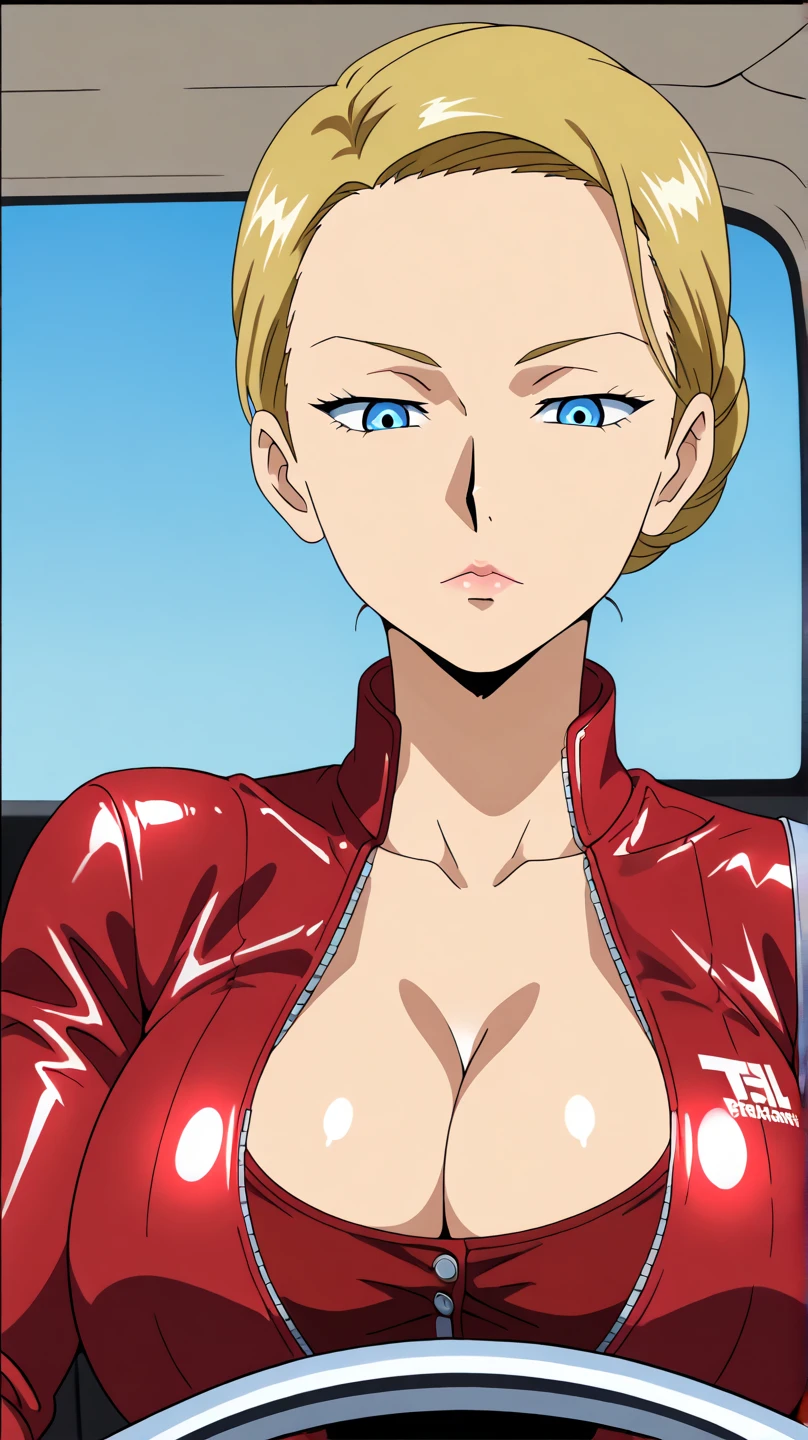 KristannaTX,1woman,(huge_breasts:1.3) extremely detailed eyes and face, beautiful detailed eyes, (upperbody:1.2),(blond_short_hair:1.1)(wearing red leather_jacket leather_longpants ),(best quality), (masterpiece), detailed,