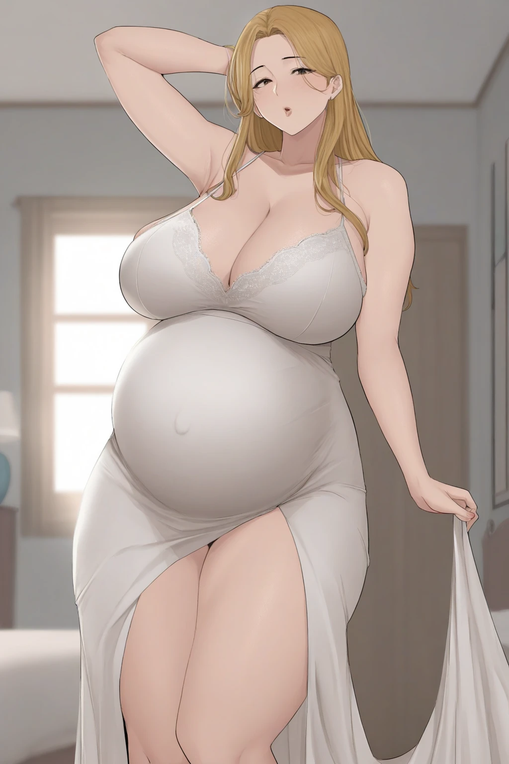 1 girl, sexy plump queen, long blonde hair, (long gown) , (double chin), overweight, (big pregnant belly), (revealing her belly) ,big breasts, castle main hall