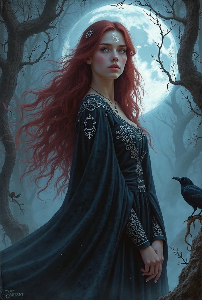 There is a beautiful witch with red hair and brown eyes, she wears a black cape and a witch's hat, she is in a forest at night, her back is to the full moon