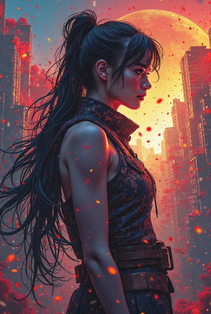 At night, on the street, red moon, there is a female zombie, white eyes, black hair, pointed and long nails, sharp claws, no blood, rubble, fire, ruins, super high detail, high real, 4K, chiaroscuro, super high detail
