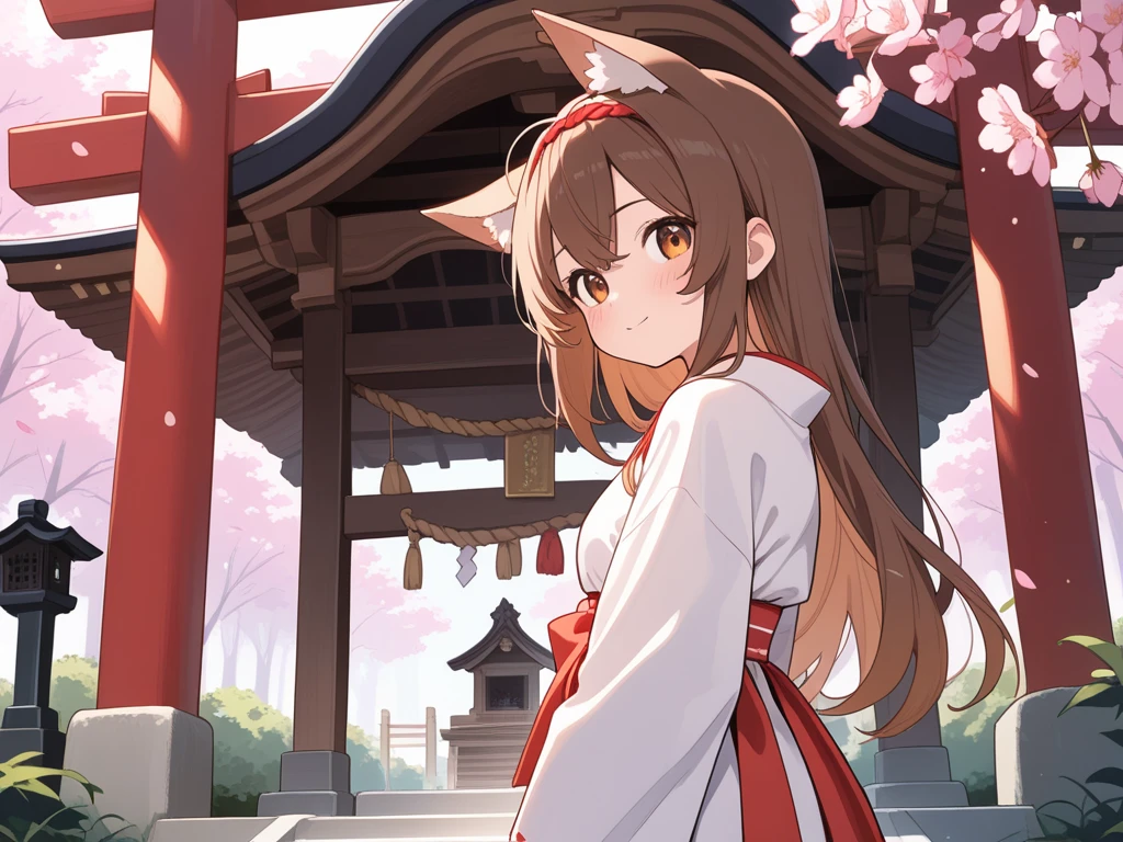 1girl, long hair, animal ears, brown hair, masterpiece, braid, from behind, looking back, red eyes, har ribbon, grin, from above, outdoors, tree, path, long sleeves, fox tail, blush, landscape,