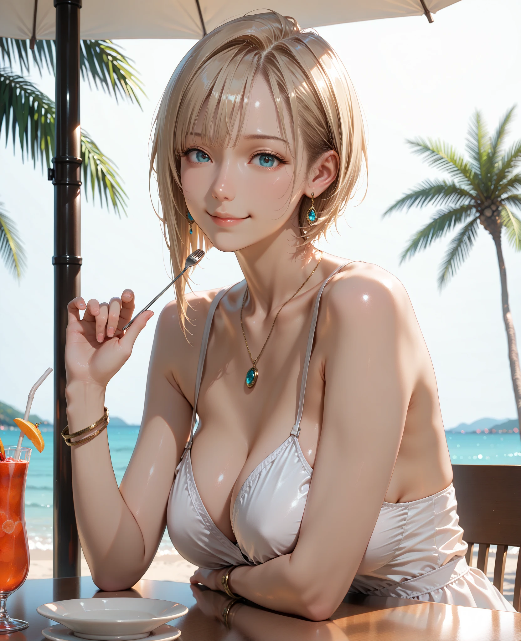 (masterpiece:1.2, Highest quality), (Realistic, photoRealistic:1.4), Beautiful illustrations, (Natural Side Lighting, Cinema Lighting), Browsing Caution:1.2,
View your viewers, Cowboy Shot, 1 girl, Japanese, Idol Sculpture, high school girl, Perfect Face, Cute and symmetrical face, Sunburn, Glowing Skin, thin,
(short hair:1.2, 1.2, Blonde), Parted bangs, Chestnut brown eyes, Long eyelashes, (Large Breasts:0.6),
Beautiful Hair, Beautiful Face, Beautiful attention to detail, Beautiful clavicle, Beautiful body, Beautiful breasts, Beautiful thighs, Beautiful feet, Beautiful fingers,
((White bikini), choker, Wrist Chakra),
(Beautiful views), Tropical beach, (walk), ({Place your hands between your legs | Place your hand on your chest | Put your arms behind your back}), (Cute smile, Upward glance),