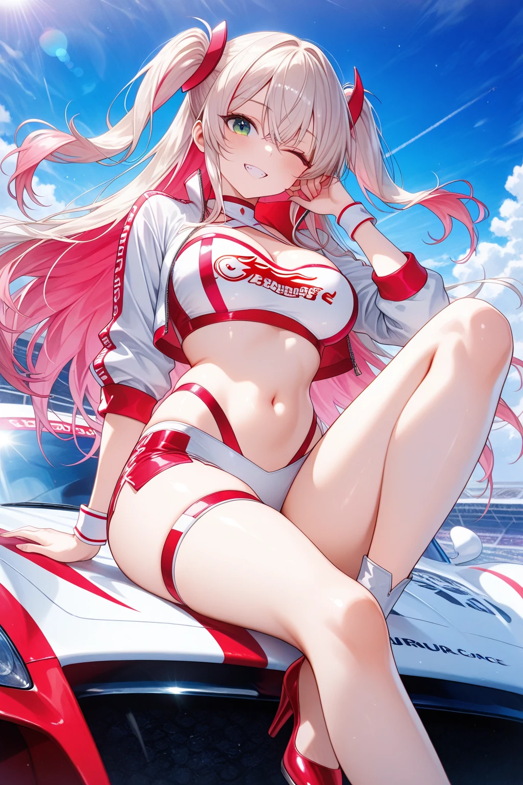 Shikinami Asuka Langley, Race Queen, No sleeve, Ultra mini skirt, Sheer skirt, See-through costume, Sweat, Panties, See-through nipples, circuit, bike