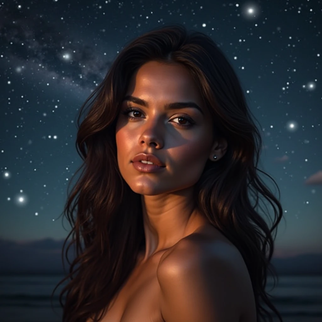 8k, masterpiece, RAW Photos, Highest quality, Realistic, Very detailed, Depth of written boundary, Cinematic Light, Anatomically correct body,
(One elegant beautiful mature woman:1.2),
Wavy black long hair, Very beautiful face, Exquisitely detailed face, Goddess-like deity々Beautiful, Glamorous Body, Very sensitive skin, Transparent white skin, Large shapely breasts, Sexy ass, Sexy thighs,
(Micro Bikini:1.2), Detailed cloth texture, Gorgeous necklace, Gorgeous earrings,
Starry sky background, Dark sandy beach at night, Pitch black sea surface,