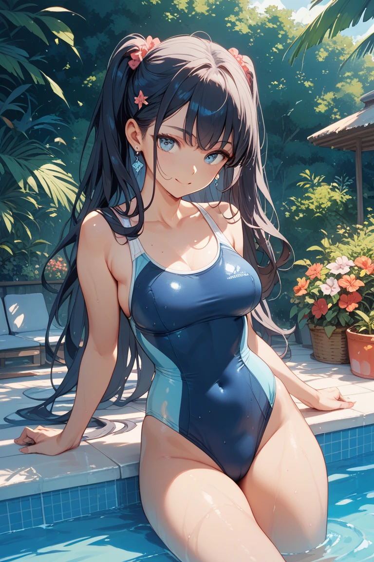 ((4K、8K、Highest quality、Perfect Fingers: 1.3、Perfect Anatomy: 1.3、Background Blur))、((14 years old、、small 、cute big droopy eyes、Straight Long Hair、Beautiful and slim girl、Black Hair))、(((Dark blue school swimsuit:1.3)))、(((Plain dark blue school swimsuit:1.3)))、((Dark blue one-piece swimsuit:1.3))、((Wet school swimsuit 1.3))、((See through:1.2))、((Wet))、((mighty breasts))、Long nipples、blush、(Smiling Kindly)、Shiny skin、Super oily skin、細部にまでこだわったShiny skin、(Sweat)、((huge waist:1.1))、((Huge hips:1.1))、((Sexy waist)), ((Sexy Hips))、Full body angle、School poolside、