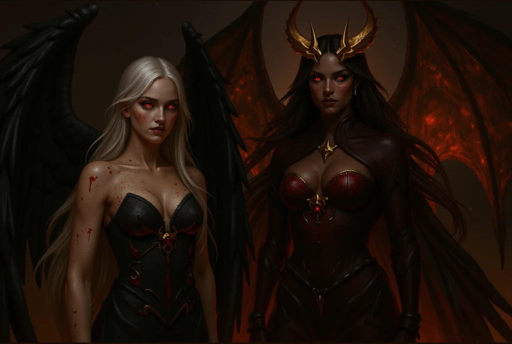 Two young women in demon robes with horns and wings fight flames on an epic battlefield, high resolution in 8K, lodernde Flammen, Fantasy Armor, epischer Kampf, Bosskampf, MMORPG. hochdetaliertes gesicht