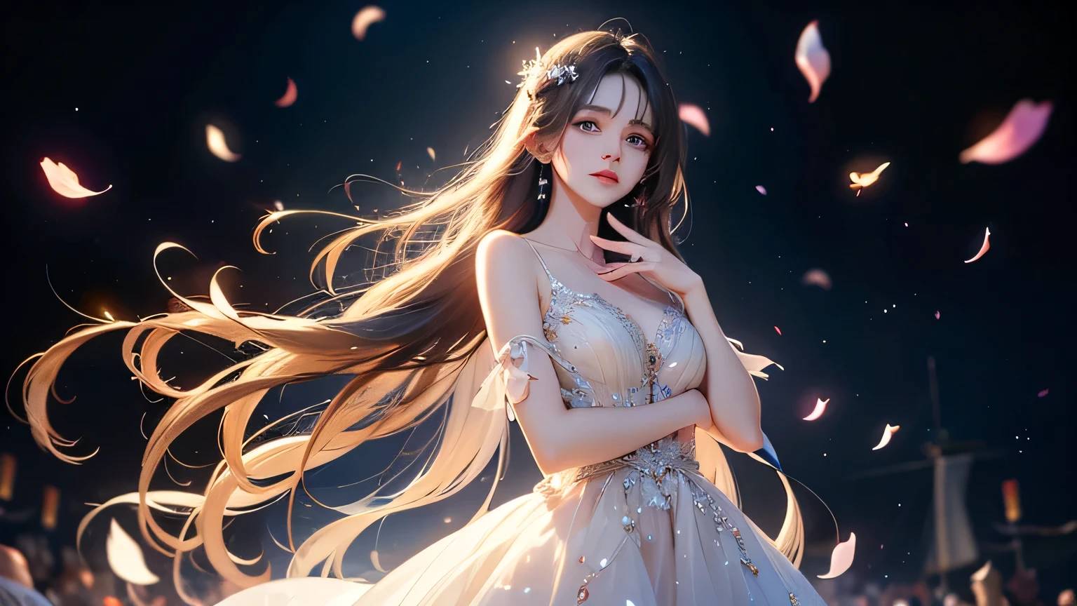 (Fluorescent color: 1.4), (Translucent: 1.4), (Vintage filter: 1.4), (Fantasy: 1.4), Candy World Disneyland Ethereal Soft Fluffy Soft Landscape Forest Snowflake Pale Pink Sky Green Blue Sparkling Ethereal Light Soft Whimsical Light Rainbow Stars Diamond Sparkling Gemstone Background Ultra Realistic Ultra High Quality Cinematic Lighting Huge details Full HD painting Plenty of light, diagonal bangs,
Collared dress, sides
Masterpiece, Best Quality, Real Skin, (Portrait: 1.5), 1 Girl, Blunt Bangs, Long Hair, Full Body Shot