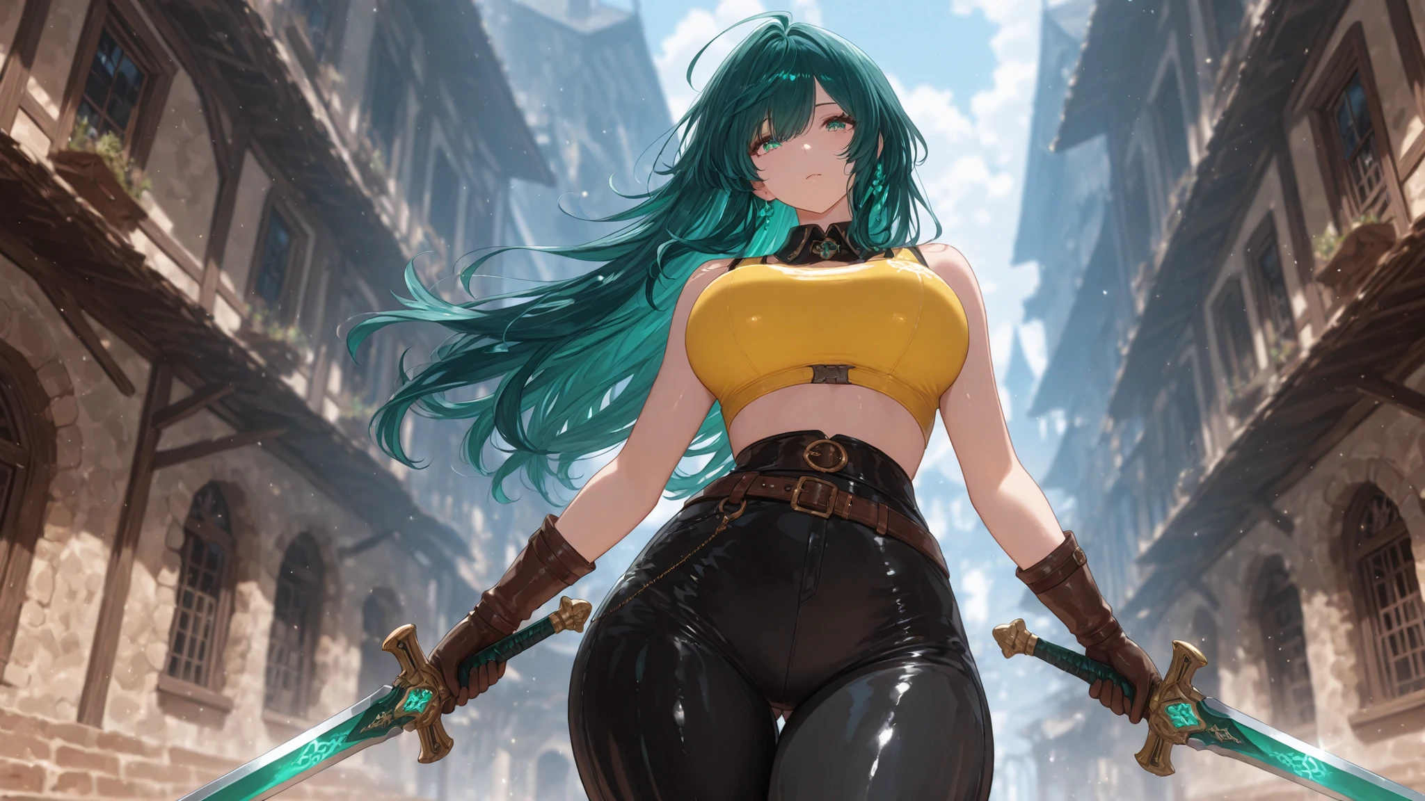 absurdres, masterpiece, 4k, extremely muscular goblin tomboy, brash, confident, horny, light green skin, pointy ears, smile, green eyes, short length messy green punk hair, small breasts, many tattoos, face tattoo, 1girl, solo, wearing black crop top and loin cloth, leather armor, happy, very detailed eyes, bending over to lace boots, focus on ass, ass shot, bending over at waist