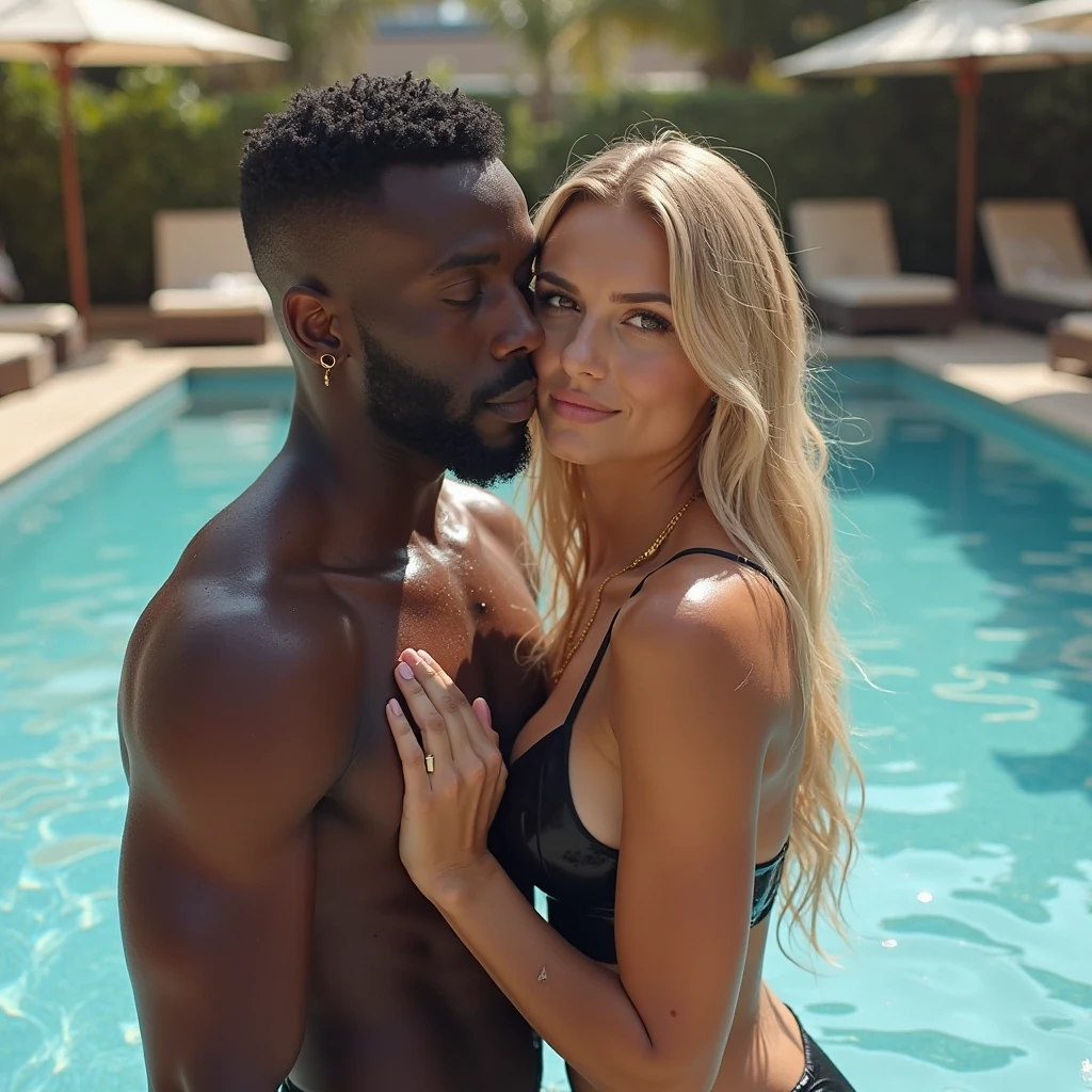 Magnificent detail, 8K Photos, hyper- realism, realistic background, visual depth, wide angle lens, professional light. {The scene shows a tall, strong black man, brawny, manly, masculine, 1,93m high, wearing white swim trunks, greatly enhancing the volume of your erect penis. Carrying a beautiful 23-year-old natural blonde in his arms, short, 1,56m, delicious. She wears a little red bikini. The woman is happy and excited. Your nipples show through your bikini. The woman is very beautiful, and loves sex. The woman has a queen of spades tattoo on her butt. Water park scenario.