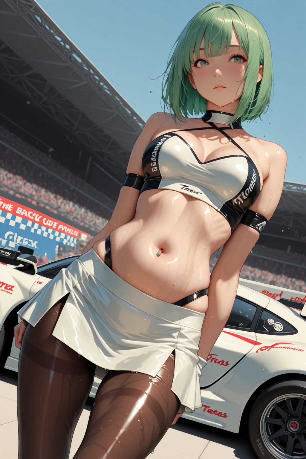 1girl huge large breasts,、((top-quality)), ((​masterpiece)), 、A smile、 Pitch Resuit、Colossal tits、Puffy nipple、 knee high、Naughty face、 knee high　white、Adult Woman、(cum in vaginas:1.3)、cum in mouth、( G-string to overflow:1.5)、 Sobbing tears、、 short-cut、see through　White One Piece Checkered Mini Skirt、dress lift、l、Race Queen、A slender、 , masterpaintings, best qualtiy, Photorealsitic, ultra-detailliert, (shiny skins, perspired:1.4), Look at the big crowd, With short black hair, Brown-eyed,slender,dynamic light and shadow,hight resolution,Sharp Focus,depth of view,The eyes are delicate,Sharp pupils,pupil realistic,(Colossal tits),、A slender、(thick thight),outside of house,Skysky、、grid girl, underboob, wet_clothes, Wearing a grid_girl outfit with sponsor's logo printed, (standing in a motorsport racing)+,, left hand on waist