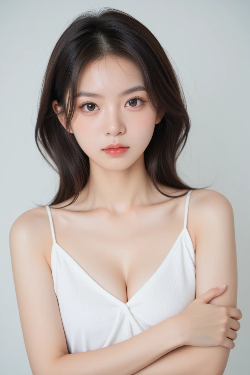 (Gray background: 1.5), (Realism: 1.4), (Best quality: 1.0), (Ultra high resolution: 1.0), 8k, RAW photos, (Masterpiece: 0.2), 1girl, beautiful skin, delicate skin, bright smile, teeth, (Unity: 1.5)