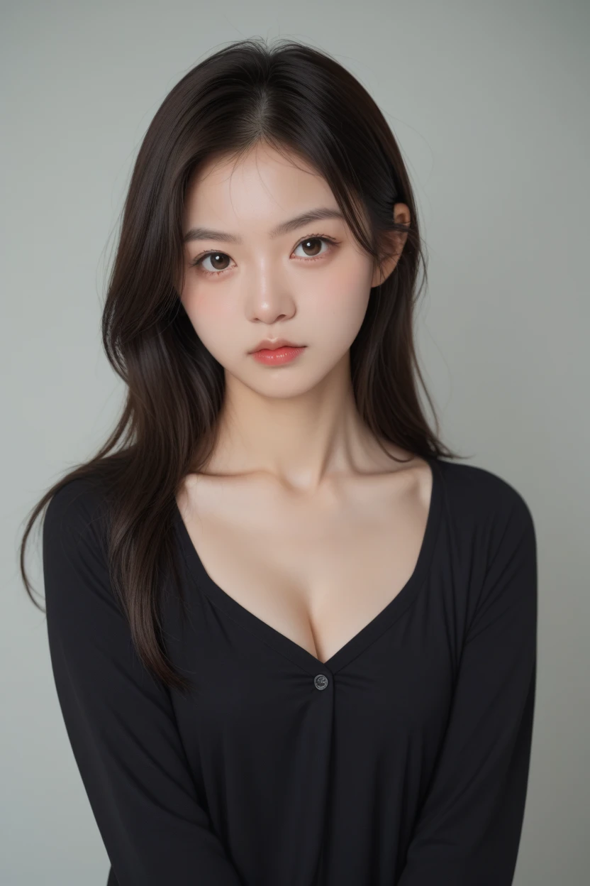 Ulzzang-6500-v1.1, (RAW Photos:1.2), (Realistic:1.4), 美しい詳細な女性 Very detailed eyes and face, Beautiful and detailed, Ridiculous, 信じられないほどRidiculous, Huge file sizes, Very detailed, High resolution, Very detailed, Highest quality, Tabletop, ((off-the-shoulder white shirt)), shape, Very detailed, Hmph, Unified, 8k wallpaper, wonderful, Finer details, Tabletop, Highest quality, Highly detailed Hmph unity 8k wallpaper, Face Light, Cinema Lighting, One Girl, 16 years old, ((Very detailed)), ((Dynamic pose))), (Camel Toe), (half),((Troubled face)),Black mini skirt,((Droopy eyes)),Leaning forward、Please place your hand on your chest、belly button、