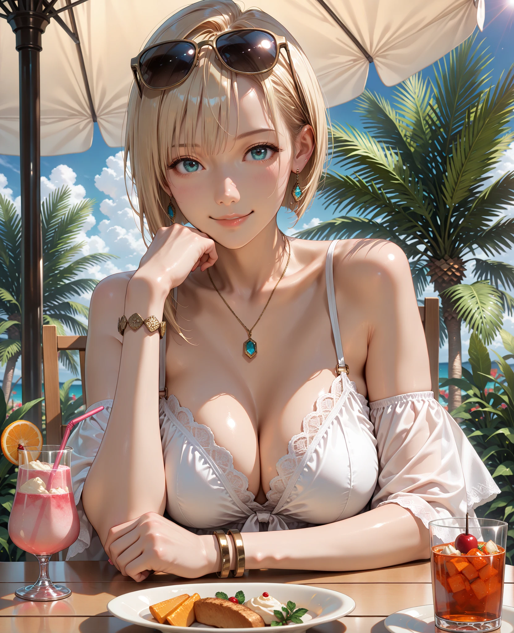 Highest quality,8k,detailed,F cup bust、Big Breasts、Very cute face、Slim and beautiful arms、Slim body、Very white beautiful skin、((((1 person、looking at the camera、smile、Thin white bikini、smile、sit、In the background are the skyscrapers of Tokyo city、Outdoor café terrace、Drink juice、rest one's chin on one's hand、coastal、table、Shooting from a distance))))、I can see the deep blue sky、She tilted her head slightly、The atmosphere is bright and lively、The woman is at the center of the image。