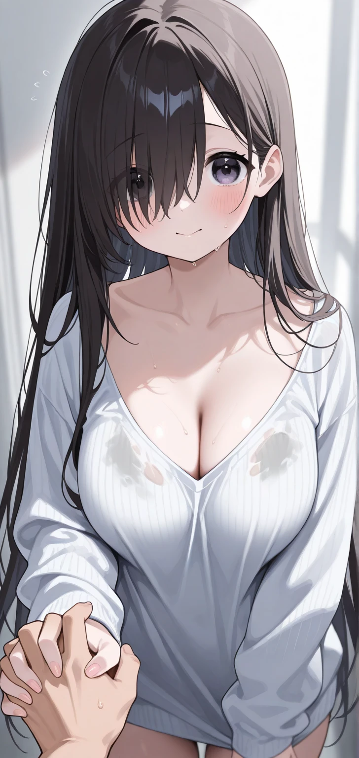 Cute mommy,busty mature women,plump, chubby, fat,realistic skin, tanktop see through nipple,realistic breast, saggy breast, nipple out,muted colours, cold lighting, pale white skin, mature women,black hair, long hair, (hair over one eye:1.4), Messy hair,straight hair,hair between eyes ,sleepy eyes ,beautiful,pucker lips,smeared lipstick,charm,pubic hair pussy,dense pubic hair, cute shy blush on