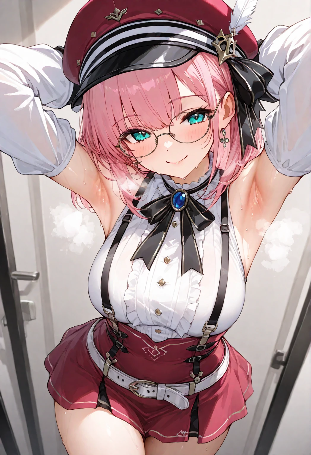 18 yeas old, girl, pink hair, bob cut, side up, Straight bangs, slim, big tits, narrow red eyes, cute, cat ears, glasses,
(embarrassed, blush:1), (ecstasy:0.6), (think:1.8), (smile:1.5), (sweat:1.6), beautiful nipple, ruffle shirt, layered pleated skirt, braless, see-through, ribbon, fishnet, frills, Kneesocks, , rose, headdress, loafers,
handcuffs, frontal, standing, centet of attention, alley, night, spotlight