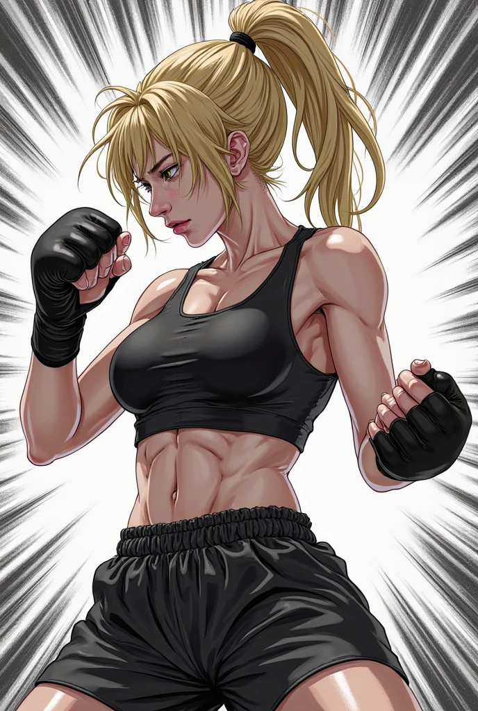 ((1 female, tanned skin, fit build, muscular arms, boxing tape, MMA, blonde hair, brown eyes, dominant look, muscular legs, wearing white tank top and black shorts, 23 years old, high quality, detailed face))