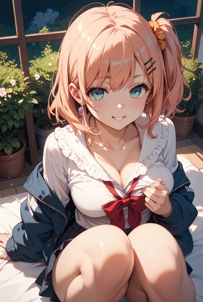 ((1girl)),((alone)), arima kana,(masterpiece), (best quality), (ultra detailed), (best illustration), (best shadow), (absurdities), sharp focus, cowboy shot , dynamic posture looking at the viewer, big breasts, narrow waist, wide hips, wide thighs, round butt, erotic, romantic, (very detailed eyes, lips 1.1), very detailed eyes, eyes, Very detailed face, Very beautiful face, height full, beautiful slim figure, femininity, expressive appearance, elastic small breasts, increased sexuality, short hair, red hair, beret, red eyes, , blue beret, red bow tie, collared shirt, blue jacket, open jacket, long sleeves , gray skirt, short skirt, white socks, brown loafers, bare thighs, defined body, perfect and beautiful body, perfect and beautiful, closed mouth, calm expression, blushing, (sexy pose: 1.2), ((sólo)), foot: 1.3, outdoor, school, garden, cherry trees, yard, looking forward ((focus on breasts)), point of view (from above), red blush, perfect anatomy, perfect hands,