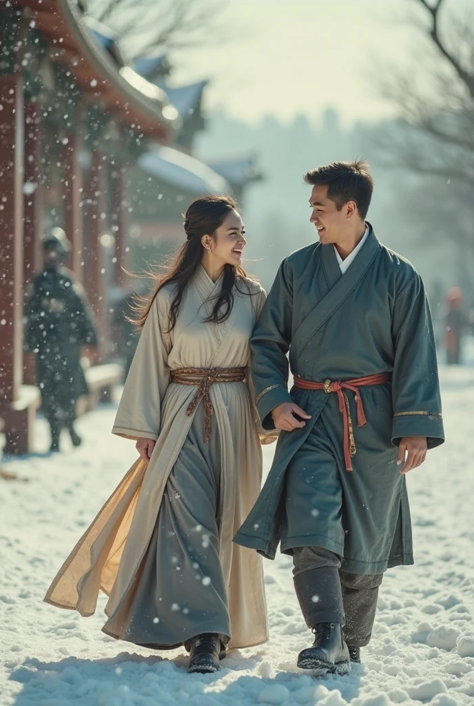 middle couple,Chinese Hanfu,face to face,Snow,Redcoat