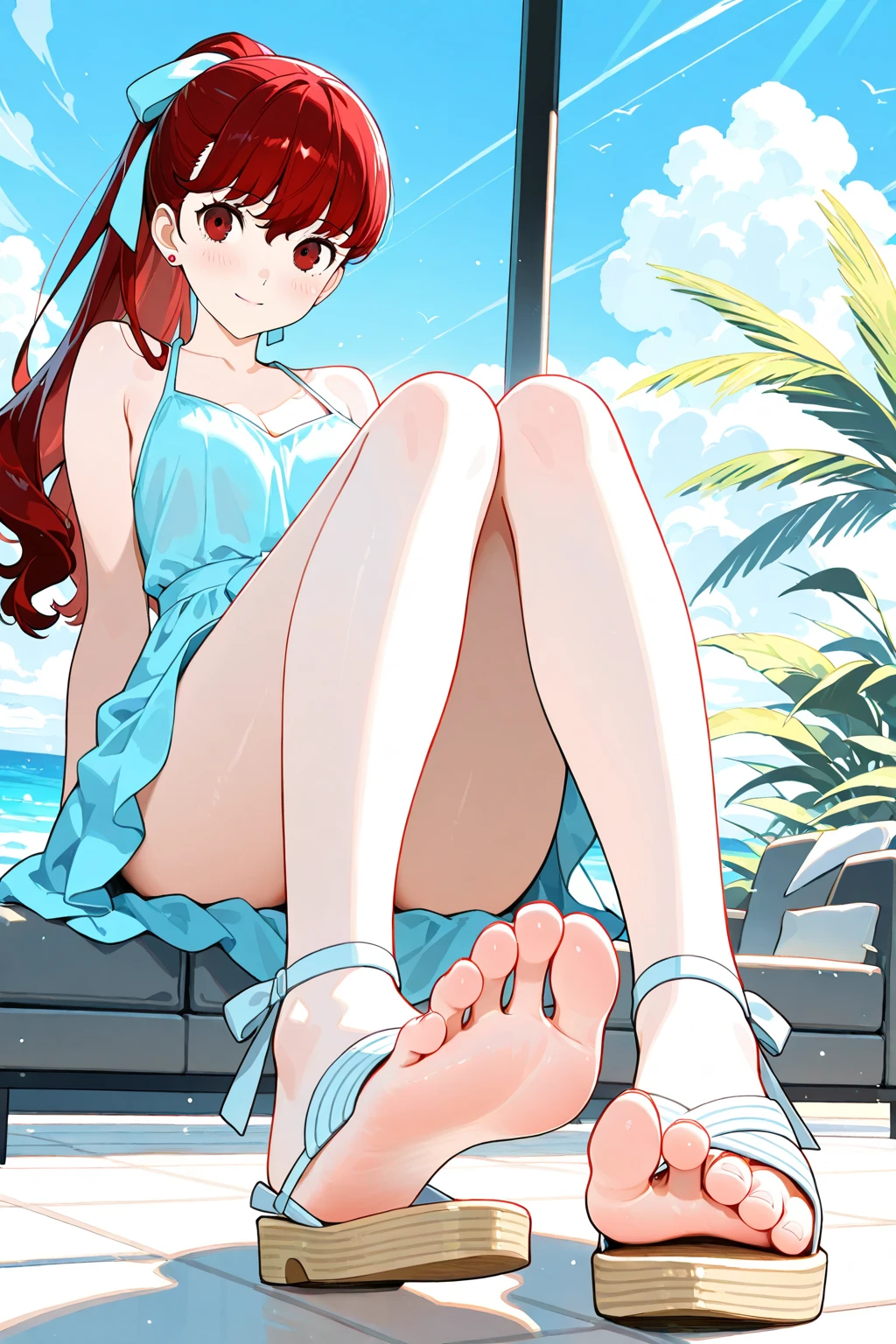A girl with long hair sitting on a wooden bench on a beach and a boy lying on the ground next to her.A photo with the name HIRU on the girl's dress and ADHI on the boy's armband.foot focus,barefoot