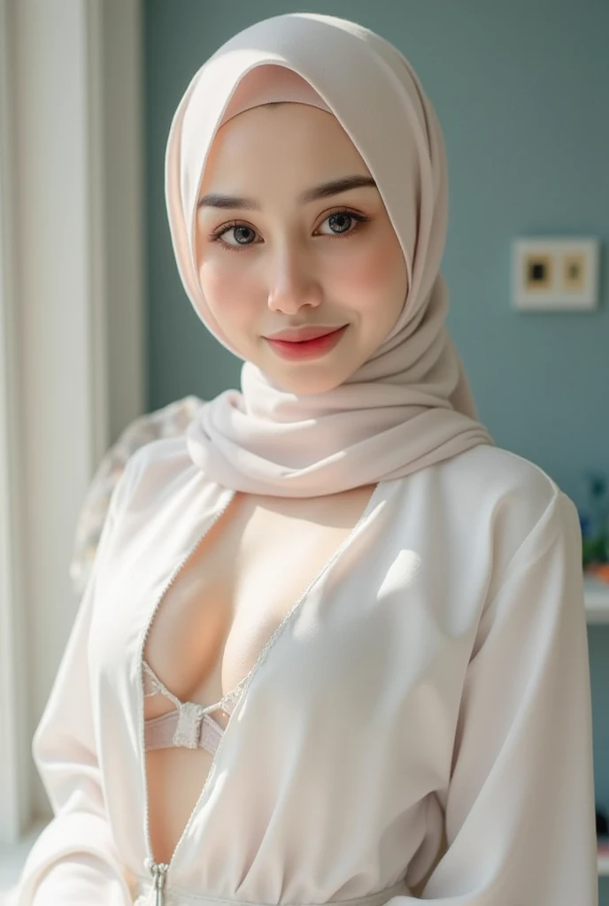 (Singlet), Chubby adorable, 1 girl, (face to face), 10 years old, baby face, happy, half body portrait, (face details: 1), (eye details: 1), ((big breasts)). wearing transparent transparency soft long shirt, hijab, .. Cute posed. proportional body. Ultra High Res. realistic: 1.4, UHD, (floral pattern), view from side seductive pose 