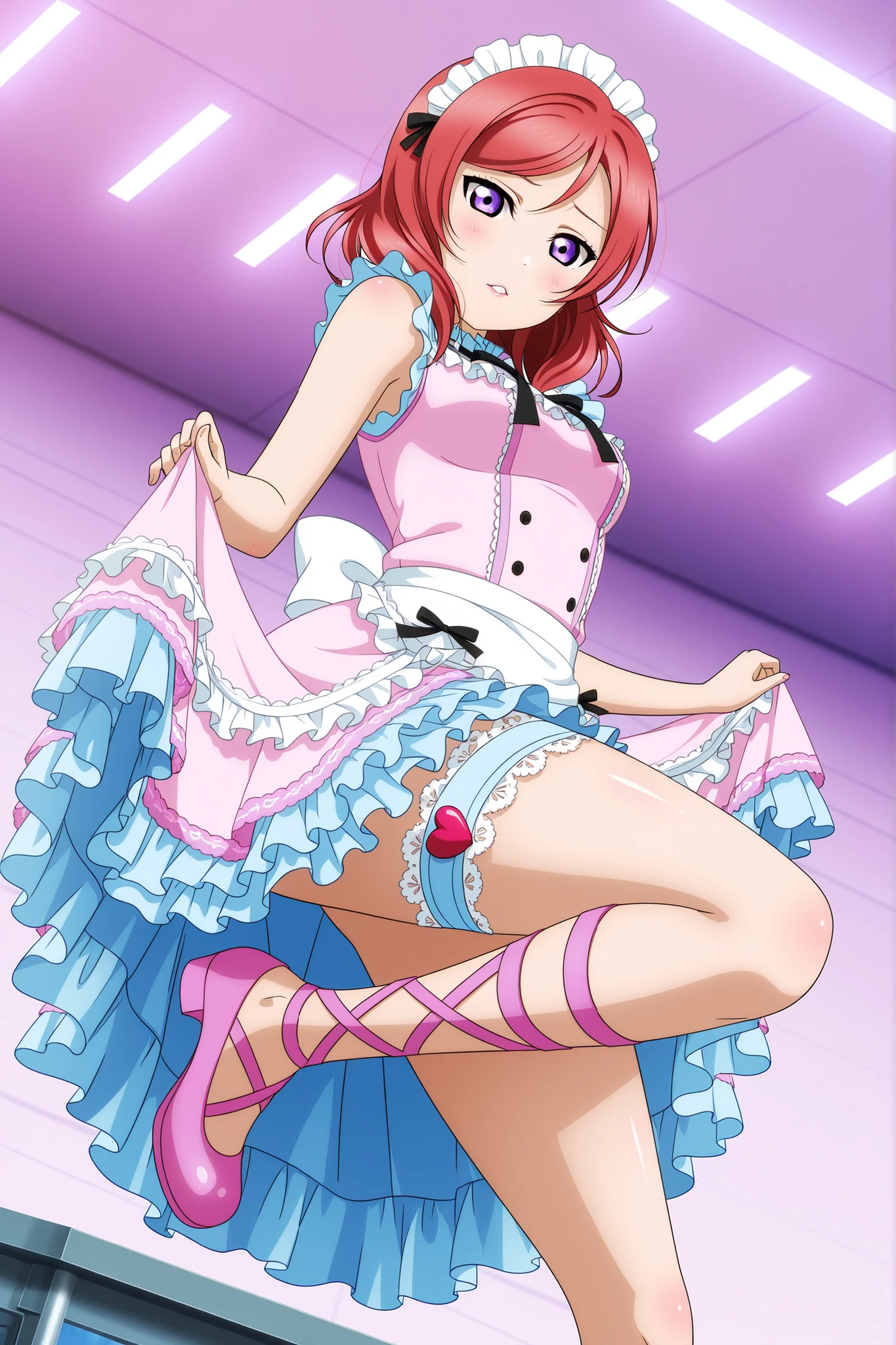 (((Pixel perfect, perfect detail))), (((Underskirt angle view, panties are visible,))), solo, solo girl, Honoka Kosaka, (μ's Idol Dress), viewer's point of view, smiling, μ's, Love Live! Stage, singing, (Tuck skirt 1.3), (Detailed panties 1.3), (Very white panties: 1.3), (Pants with ribbons and decorations), (Pants with frills: 1.3), (Cotton, full back panties: 1.3), (Low angle), blue eyes, orange hair, one side up hair, short hair, (Spread legs: 1.0)