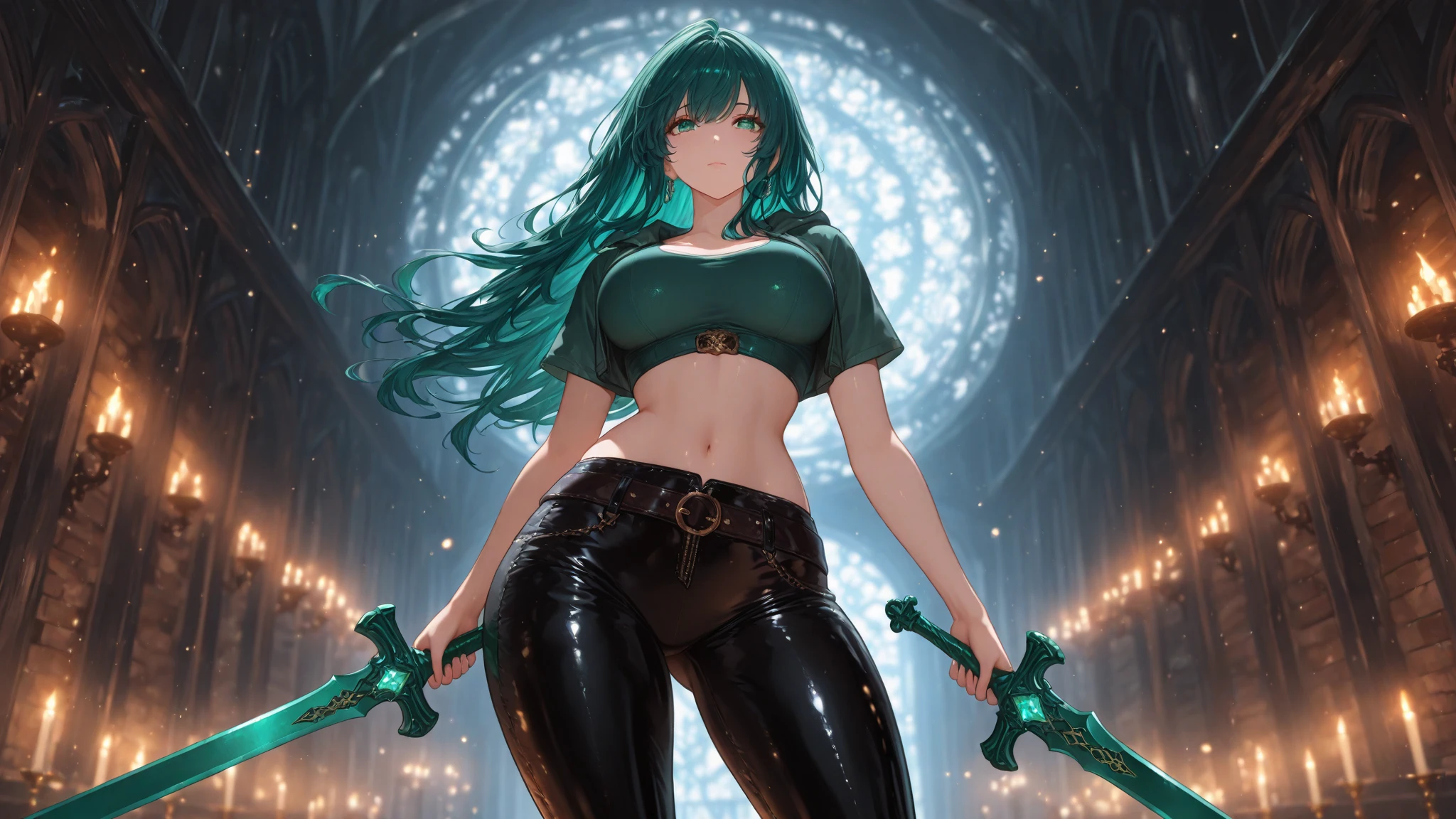 Draw Bella, a female character with long green hair, thin green eyebrows, greeneyes, breasts small, Waist slender, big and hot ass, shapely thighs.
She is wielding earth element magic in the woods near a cliff during a full moon night..
She is dressed in a very sexy black leather jacket and very short shorts showing off her hot ass. Also wearing black gloves, Max witchcraft necklace and earrings.
Making a sexy pose showing her perky ass to the camera and touching her perky ass with her hands.
You can see the magic of the earth hovering in the air reflecting the moonlight.
View from the back with the camera pointing upwards, capturing all the beauty of Bella's hot ass.
She is winking one of her eyes while smiling at the camera seductively. Bella is very beautiful and hot with the perfect ass.
Her ass is big and perky. opening your ass with your hands.