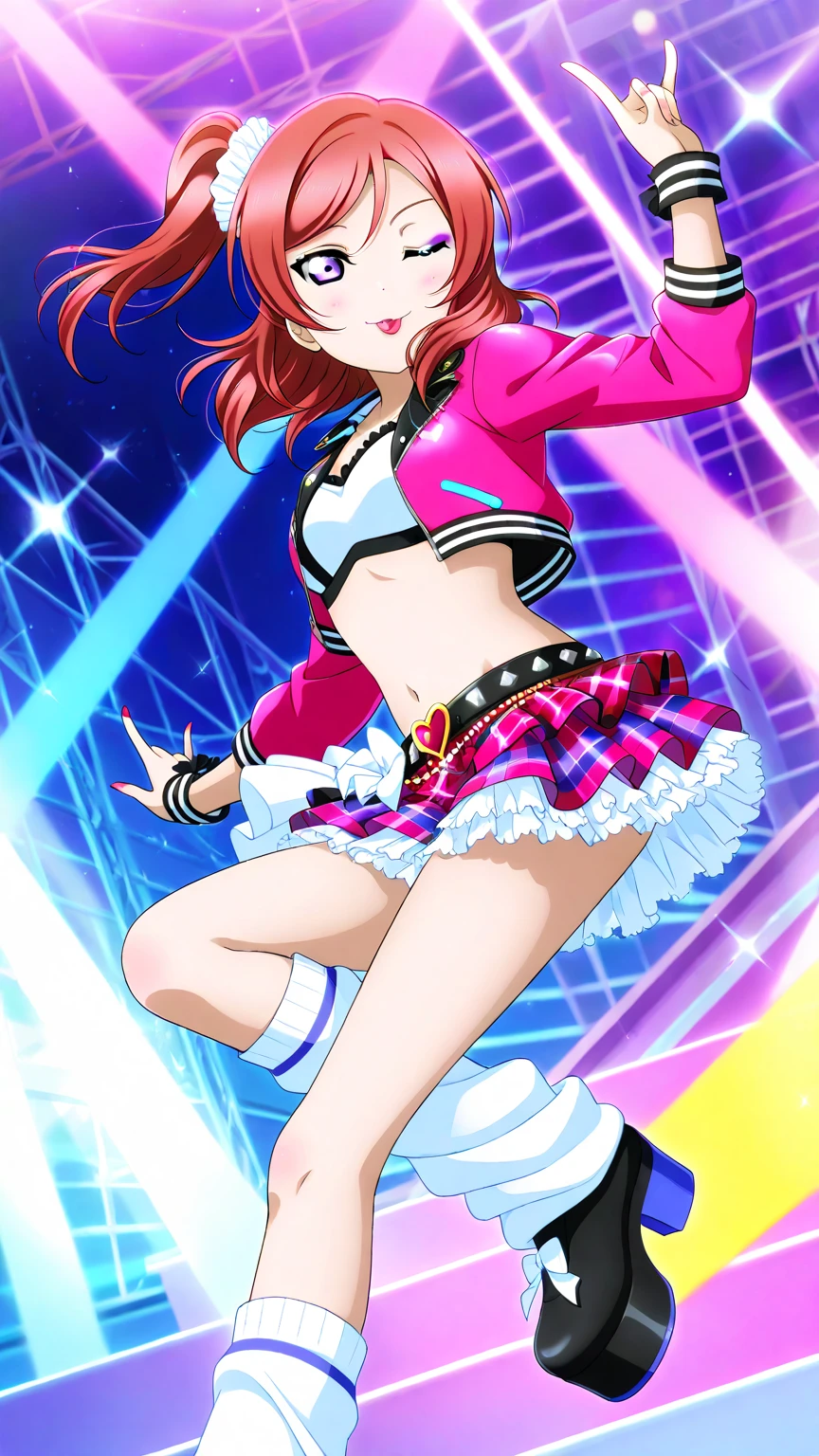 {{{masterpiece}}}, {{{Highest quality}}}, {{Very detailed}}, {{Very delicate and beautiful}}, 8k, Browsing Caution, {{Honoka Kosaka: 1.5}}, lovelive! , {{lovelive!}},Orange Hair, blue eyes, thin, Middle chest, , {{{lovelive アイドルドレス}}}, {White panties}, {{gray color}}, {Spreading legs},{Red Skirt}, {{{Frilled Panties}}}, Platform boots, break, Hands outstretched, smile, Blushing, dancing, Pause, Leg spread, Peeking out from under the skirt,{{I can see her panties}}, (Flip-up skirt),One leg up, Illumination from below, on stage,