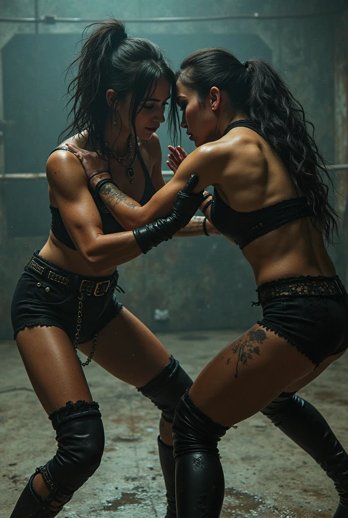 a fierce female gang,1girl,2girls,3girls,group of girls,fighting pose,aggressive,angry expression,underware,bra,boots,leather,high heels,tattoos,piercings,chains,gang leader,boss,warehouse interior,concrete floor,moody lighting,chiaroscuro,dark atmosphere,cinematic,dramatic,hyper detailed,photorealistic,8k,masterpiece
