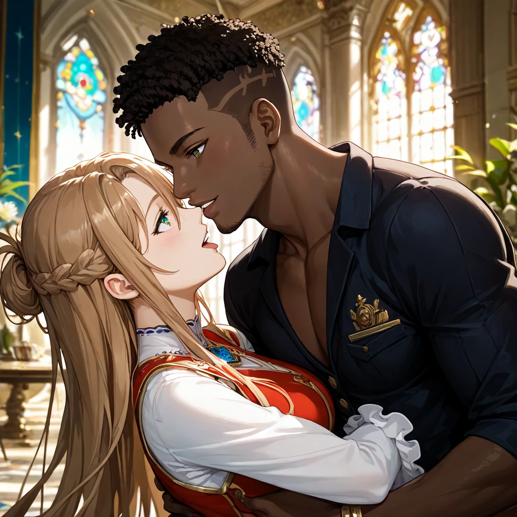 {perfect anatomy},((beautiful face:1.1))((1girl, 1black man, kiss, old, groping:1.2)),masterpiece, best quality, highres, bbmurasa, long hair, two side up, hair flaps, hairclip, heterochromia, red eyes, brown eyes, off shoulder, collarbone, wedding dress, bouquet, garden, Cowboy Shot,