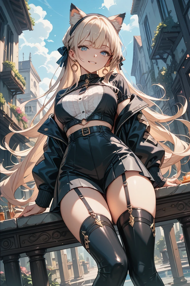 Anime Kawaii sexy Perfect Slim sensual body large breast and huge thighs, An intricate and highly detailed illustration of anime (Young girl) work of art, best qualityer, 1 girl, standing alone, grown-up, hair blonde, long hair, aretes, pink eyes, face detailed, white top, breasts big, Shorts, Arm belt, in front of the viewer, blank stare,