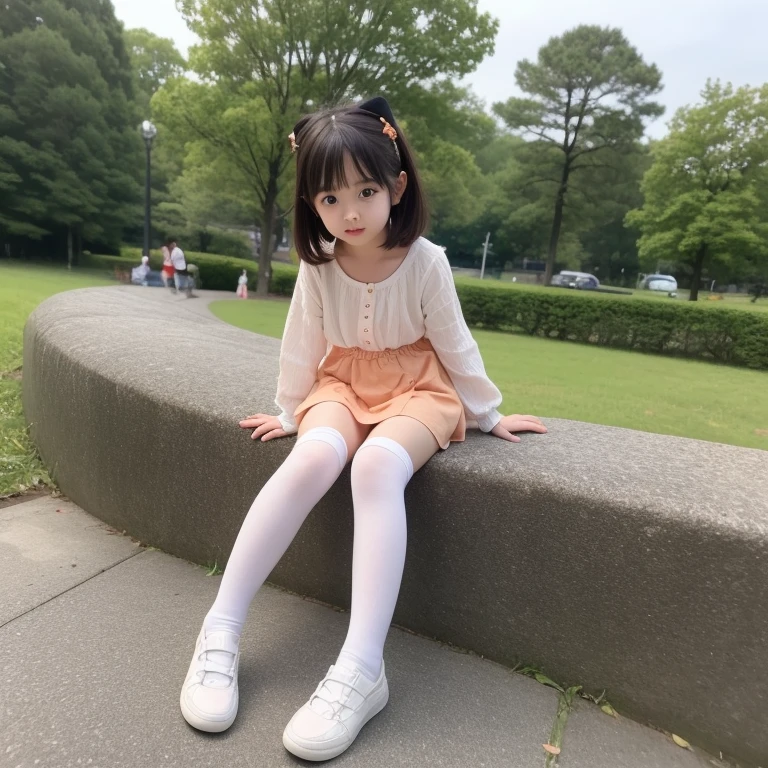 8K,Japanese,10 years old,Innocent face,Teenage Girl,cute,Summer clothes,Casual clothes that reveal thighs,Sitting,Black Hair,Seaside,bench,Hair Clip,