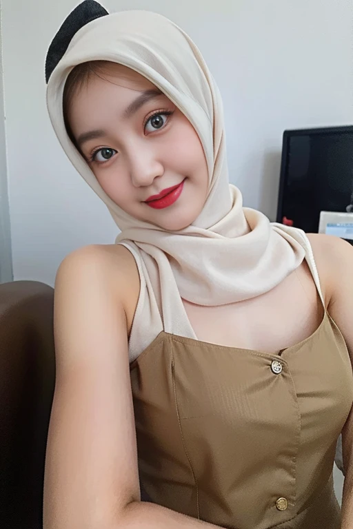 top-quality,Beautiful detailed hijab,beauty Egypt model,long lashes,Wearing a just naked_apron, kitchen background detailed,Detailed details,sideboobs, big breast ,stares at the camera, smile, all body shoot, no panty, showing her hairy armpit, dark hairy pussy, 