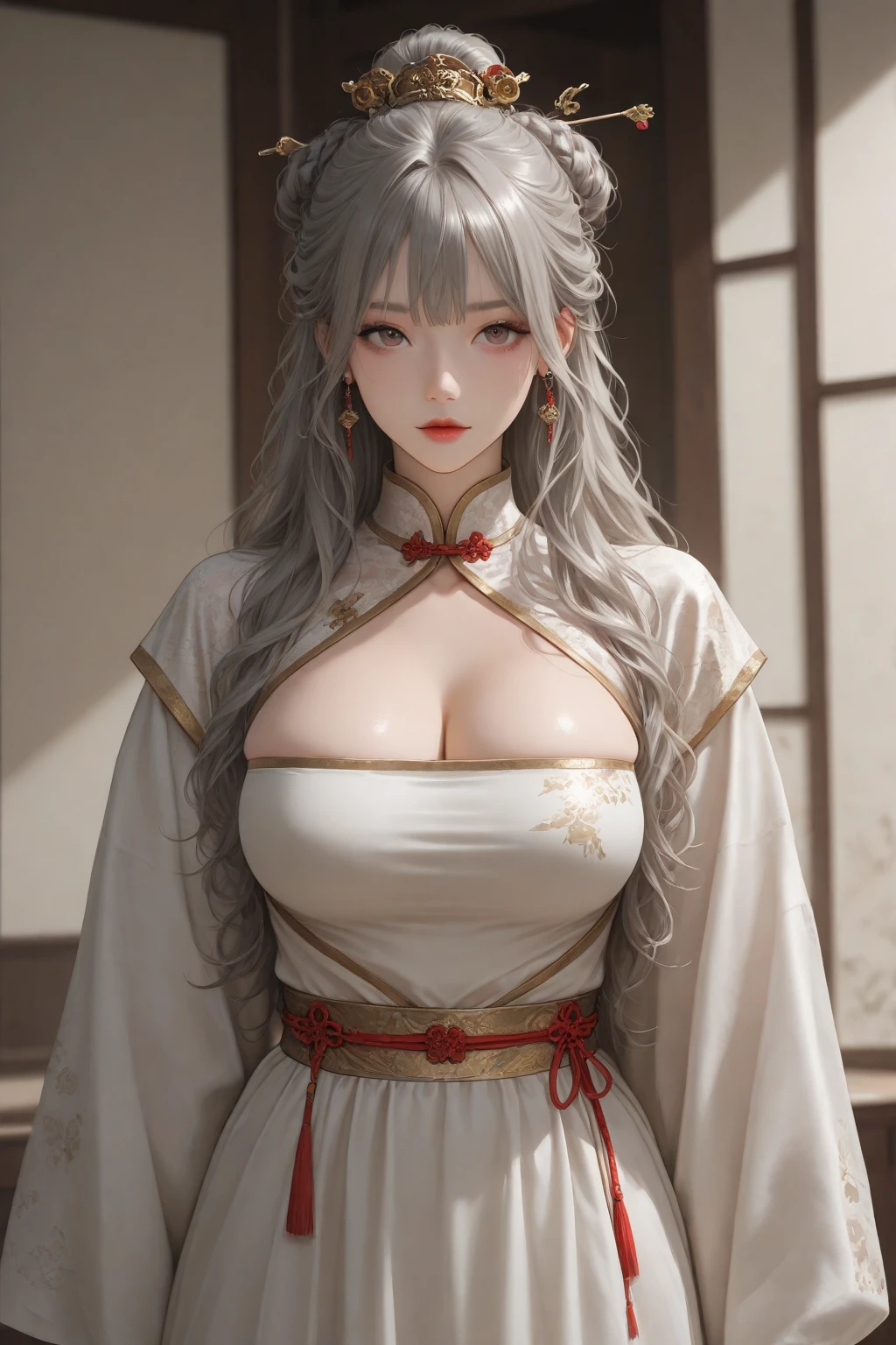 8K,赤と黒の日本のはだけたkimonoの衣装を着た白髪のアジア人皇后が写真のポーズをとる, japanese god, beautiful fantasy empress, Super beautiful,(lifelike face), long gray hair,golden eyes,Tattoo on the left chest,hair ornaments,smile,surreal,skin that looks real,Boldな性格,Ruan Jia and Artgerm, Highly detailed ArtGerm, 8K high quality detailed art,Inside the labyrinth dungeon,beautiful expression Super high resolution, trending on cgstation, wallop and art germ,muscular slim body,very big breasts,Muscle Slender Lower Body,Charm,fantasy art,character art,rich colors, Backlight, cinematic lighting, film grain, born, 50mm lens, Nikon D850,ultra high resolution,Super realistic,Makeup,sexy,Flashy traditional Japanese costume in red and black(kimono),sexyなポーズ,A seductive gaze,seductive pose,Bold,very big breastsの谷間を強調する,