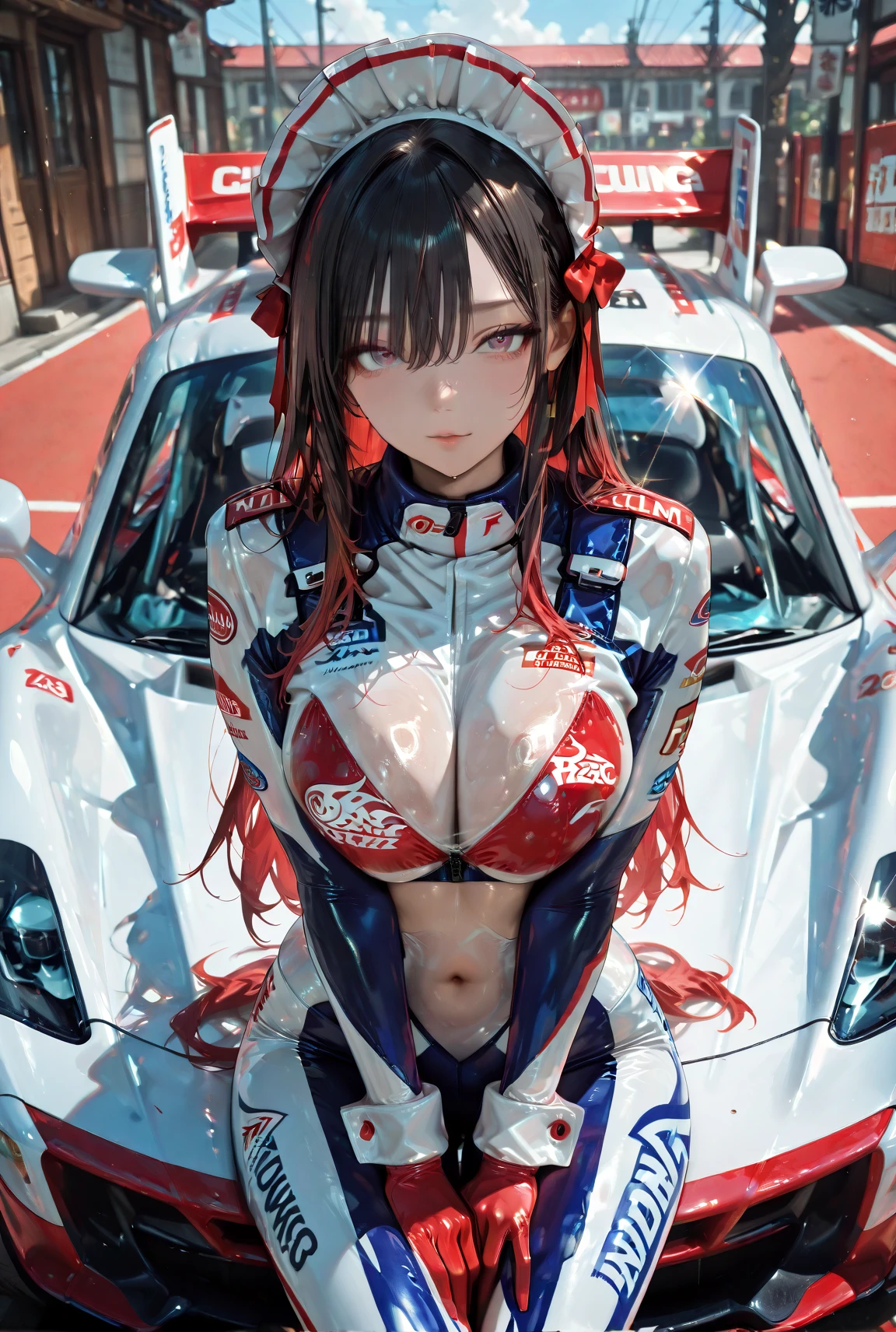 One Woman Race Queen Posing for the camera in front of a sports car High leg Low - Angle Cute smile