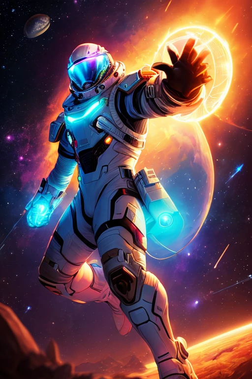 a buff chicken in an astronaut outfit, helmet off, no helmet on head, helmet being held under further away arm, mid to low angle 3 point vanishing perspective, background similar to the starfield poster art, stylized chicken head, stylized, 8k, cinematic lighting, dramatic shadows, vibrant colors, pv_hristov art style