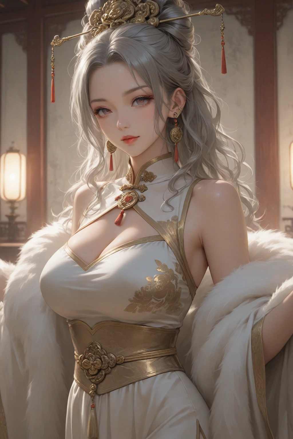 masterpiece, best quality, 1girl, illustrious (maiden lily's radiance) (azur lane), white hair, very long hair, blue eyes, hair ornaments, breasts, cleavage, china dress, chinese clothes, official alternate costume, white thighhighs, garter straps, short sleeves, chinese commentary, lantern,