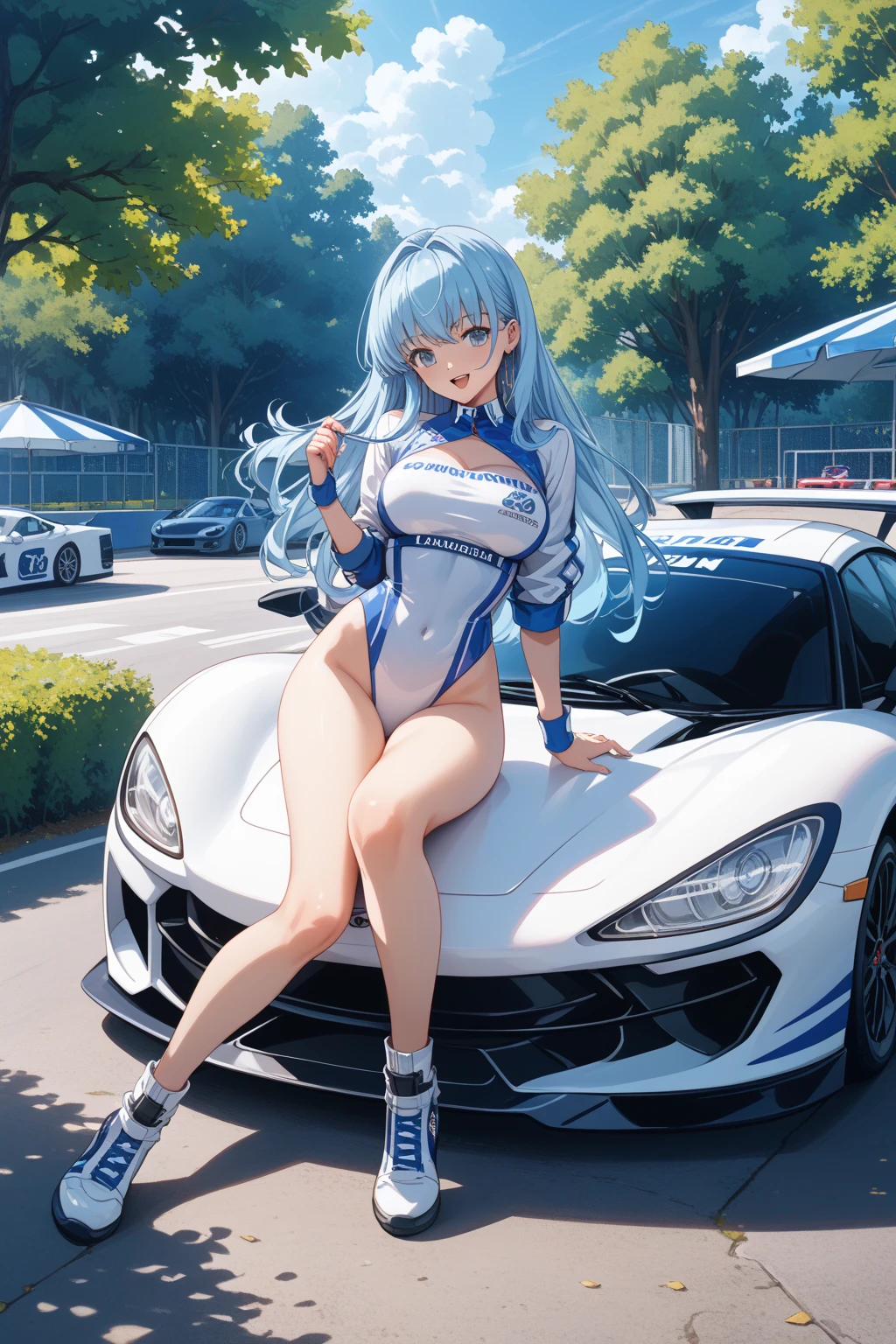 Highest quality、super high quality、16K, Breast size is random、Facial expressions are random、Location is random、 Hair color is silver hair、Pose is sitting on a chair、The distance is random、The angle is from the side、Small face、Very delicate facial expressions、Delicate eye depiction、Highly detailed hair、Erotic、18-year-old female、Glowing Skin、Soft Skin、Long and sexy legs、The only sexy Japanese woman、Race queen outfit random、
