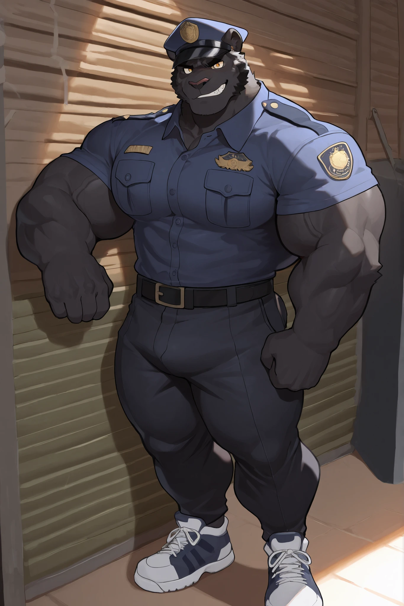 Solo, 1boy, perfect anatomy, perfect proportion, (police, police hat, police uniform, police department), perfect center, sharp eyes, big eyes, peaceful, eyes, (smile, happiness), calm, perfect fingers, big hand, fingers. Huge Muscular Old man with short hair, shoes, (cargo shorts), view from side, pectoral, thick arms, huge pectoral, wide pectoral, white hair, white beards, simple background, masterpiece, semirealistic:1.2, high detailed, 8k, high resolution, perfect center, full view. ((really big muscle, massive muscular, sixpack, thick arms, wide pectoral, super huge muscle, hyper muscular, over sized muscle, huge arms, big arms, huge pectoral))