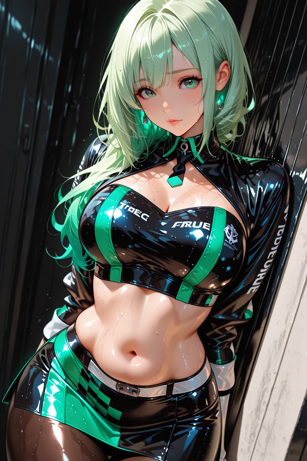 1girl|blusa light green |showing the belly button|cyberpunk universe,cabelo cortado light green , cyber right arm| cyber-eye|light green|, arm at the waist,cyberpunk prens,sexy,middlebreasts, Cyberpunk Scenario