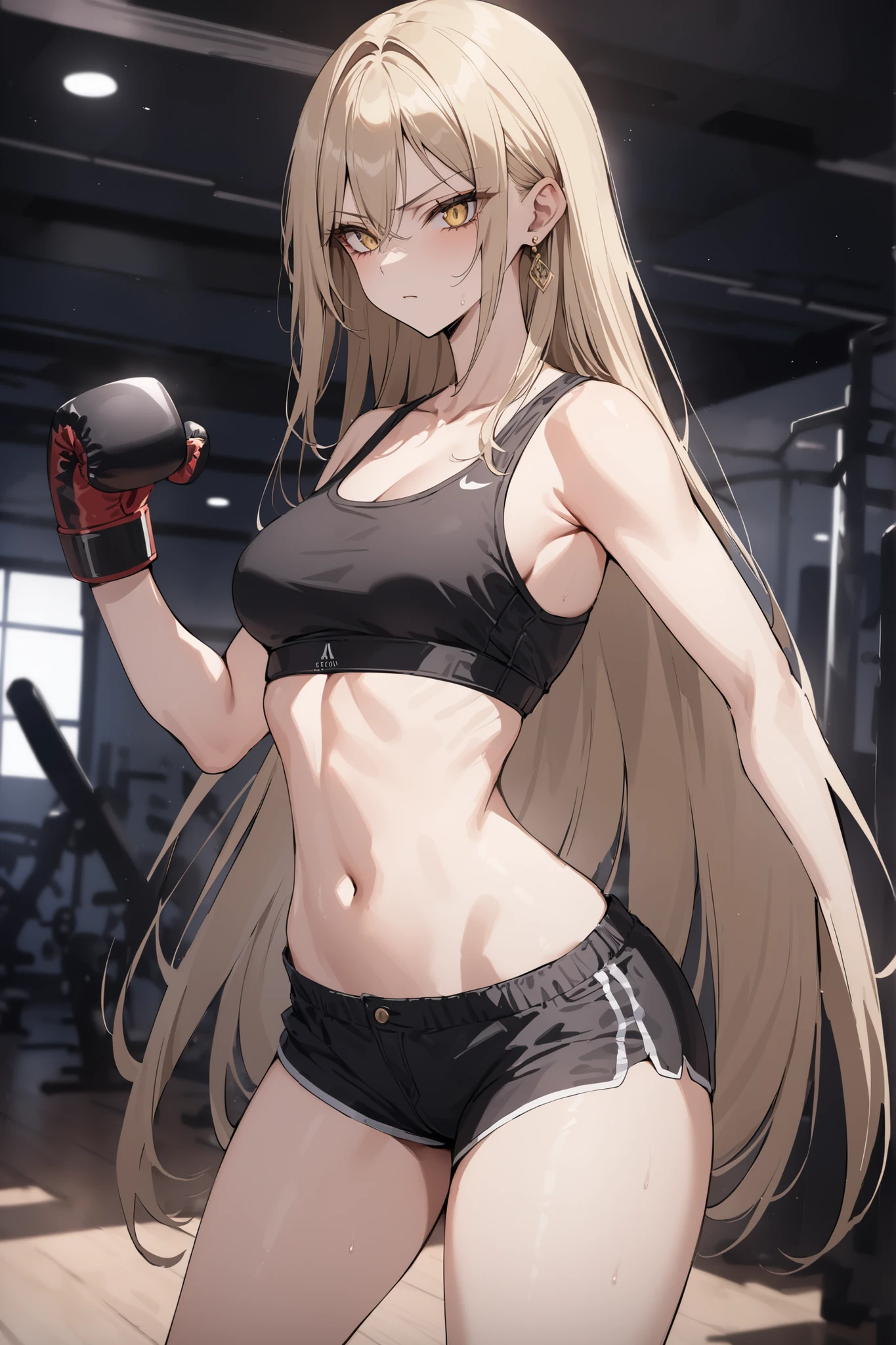 最high quality、best image quality、masterpiece、girl((20-year-old、 By becoming、vest bust、medium bust,wide open breast tea、shining eyes, blonde、long hair、thin,highest valley、ponytail、action of looking up、right arm bandage、Sportswear with a wide open chest、berry shorts、cool pose、holding a black smartphone、sweating、smile、forward leaning movement)),high quality、beautiful art、background((cyber sports gym))、Flight、debris flies、Depth of written boundary、movie、visual art、perfect art、8k,genuine、
